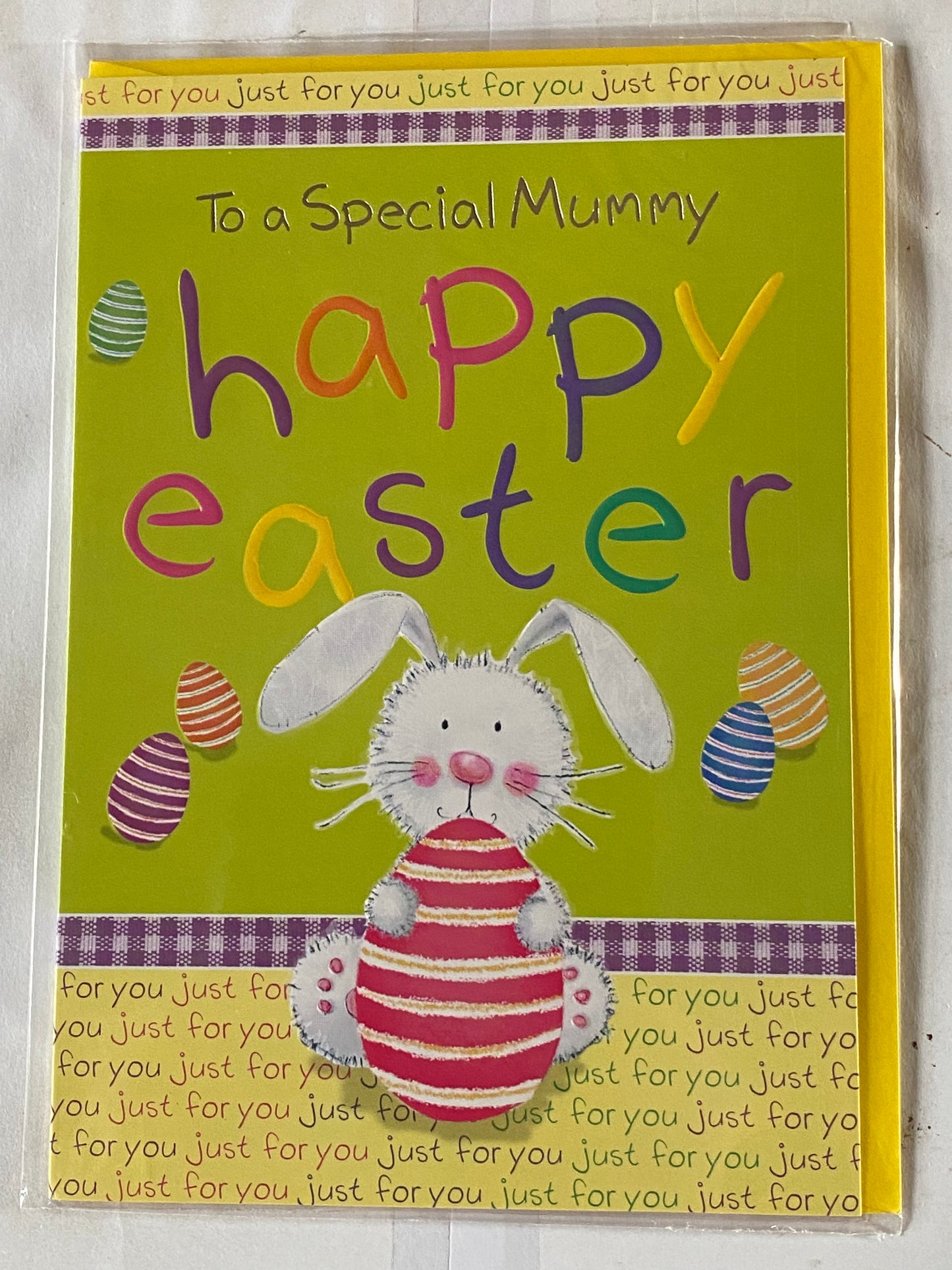 To A Special Mummy Happy Easter Card Green-White Rabbit/Multi Easter Eggs/Words Foil Detail(PH31691E)