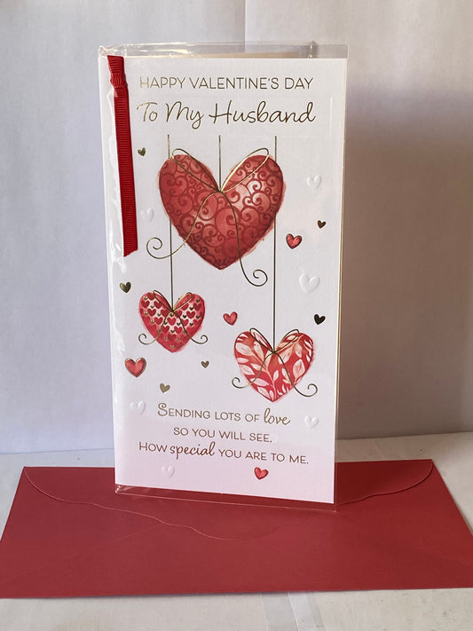 Happy Valentine's Day To My Husband Valentines Day Card Hearts/Gold Words Ribbon/Foil Detail(PRELUDE49599)