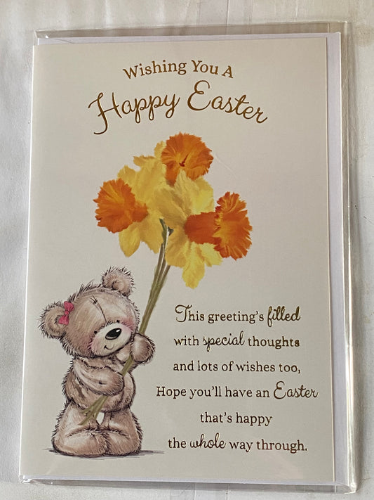 Wishing You A Happy Easter Card Open General Teddy Holding Daffodils/Gold Words Foil Detail(PH45740E)