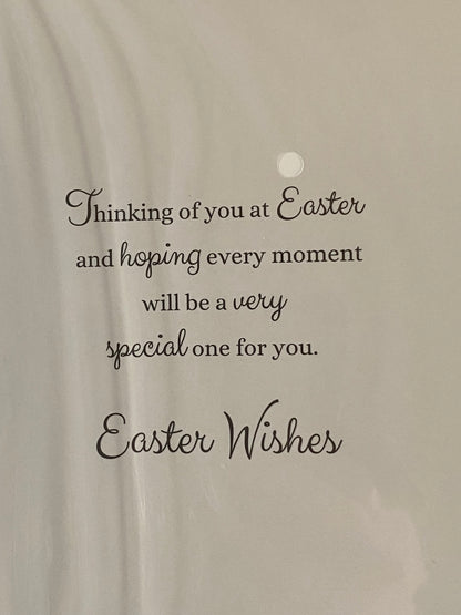 Wishing You A Happy Easter Card Open General Teddy Holding Daffodils/Gold Words Foil Detail(PH45740E)