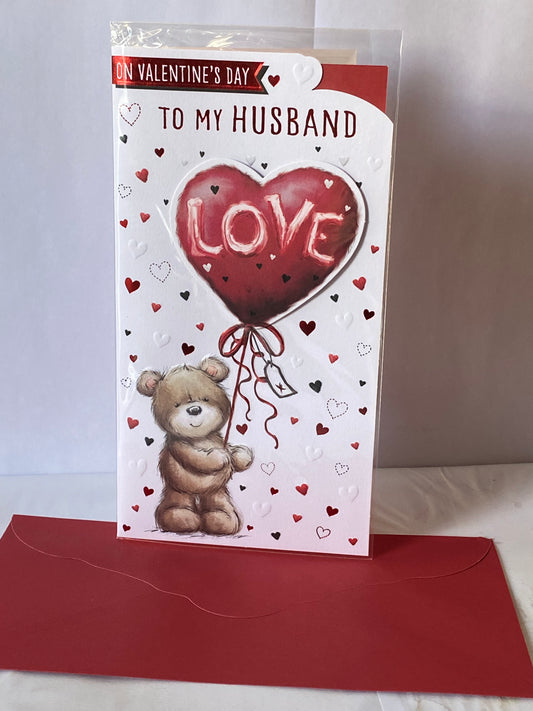 On Valentine's Day To My Husband Valentines Day Card Teddy Holding Red Love Heart Balloon 3D/Foil Detail(PRELUDE49598)