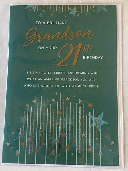 To A Brilliant Grandson On Your 21st Birthday Card Age 21 Twenty-One Green/Gold/Silver Words/Stars Glitter/Foil Detail(REGALC80773)