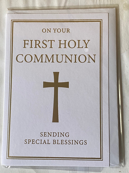 Unisex/Boys/Girls/Male/Female On Your First Holy Communion Card 1st White-Gold Words/Cross Foil Detail(KI47587E)