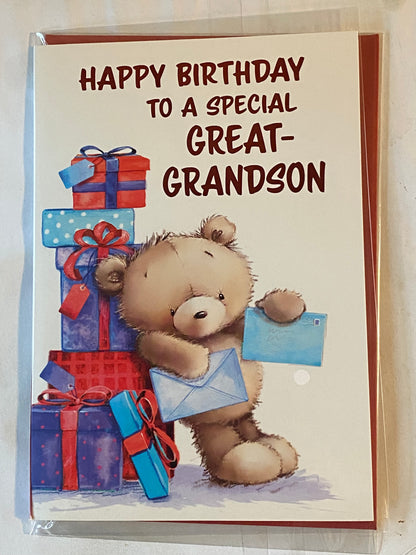 Happy Birthday To A Special Great-Grandson Birthday Card Teddy/Presents/Blue Envelopes Foil Detail(NC-VA137E)