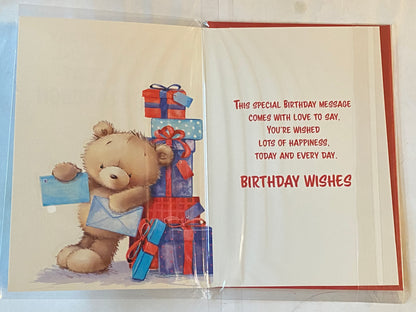 Happy Birthday To A Special Great-Grandson Birthday Card Teddy/Presents/Blue Envelopes Foil Detail(NC-VA137E)