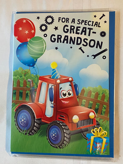 For A Special Great-Grandson Birthday Card Red Tractor/Present/Balloons Foil Detail(PH49490E)