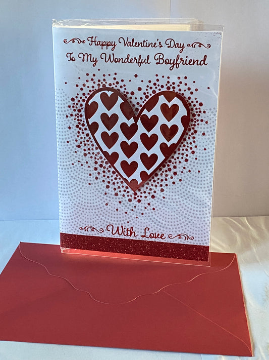 Happy Valentine's Day To My Wonderful Boyfriend With Love Valentine's Day Valentines Day Card White/Red Hearts/Spots 3D/Glitter/Foil Detail(PRELUDE45312)