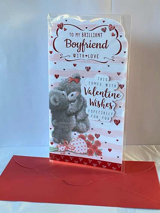 To My Brilliant Boyfriend With Love This Come With Valentine Wishes Especially For You Valentine's Valentines Day Card Teddies Hugging/Pink+White Stripes 3D/Foil Detail(PRELUDE43037)