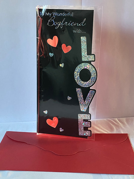 To My Wonderful Boyfriend With Love Valentine's Valentines Day Card Black-Red/Silver Hearts/Words String/Foil Detail(PRELUDE31641)