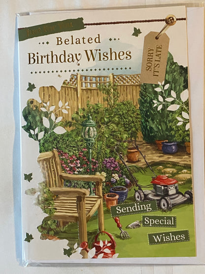 Mens Male Just For You Belated Birthday Wishes Belated Birthday Card Bench/Lawnmower Foil Detail(PH41051E)