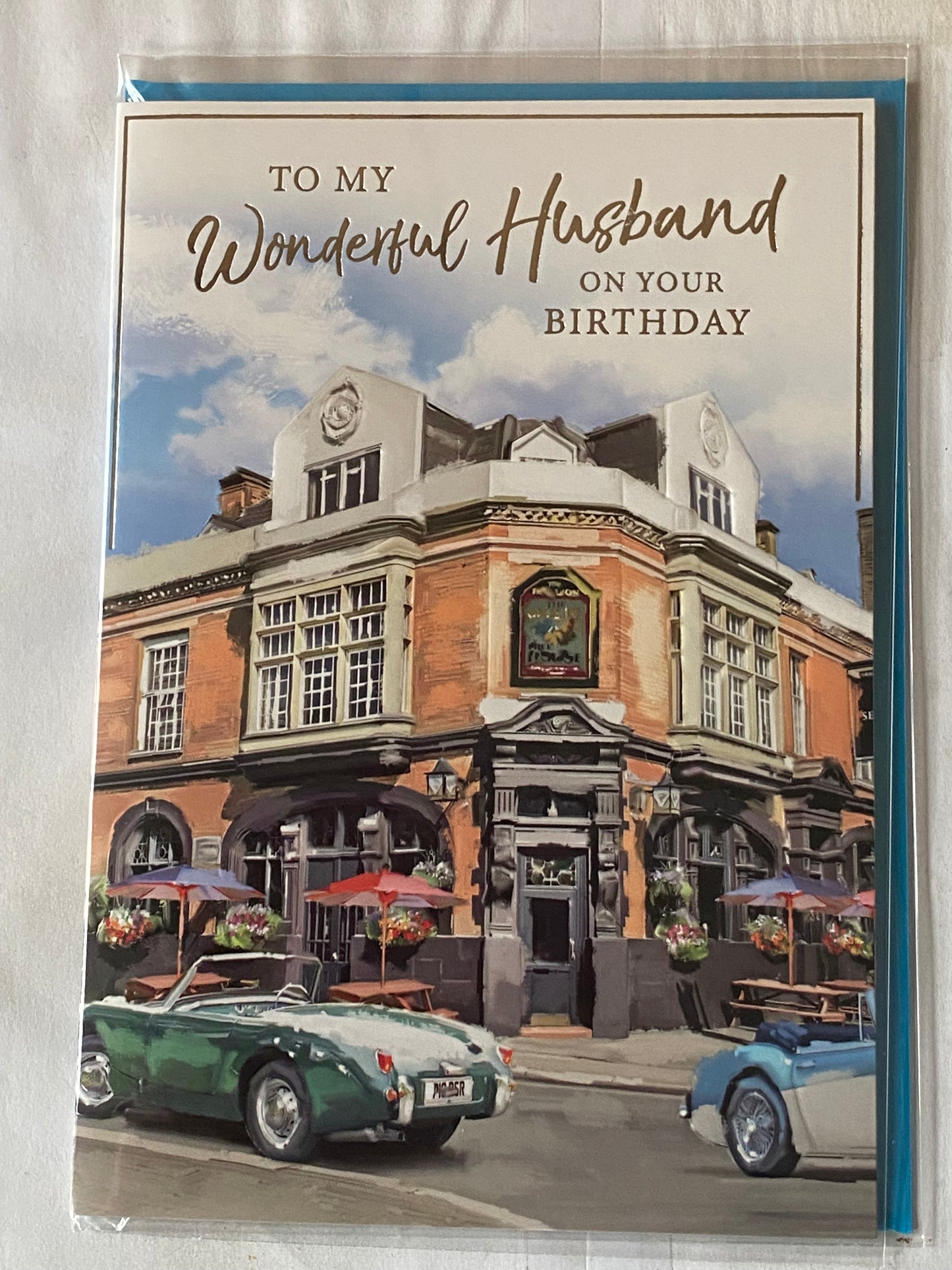 To My Wonderful Husband On Your Birthday Card Green Card/White+Blue Car Outside Pub Foil Detail(NC-VA131E)