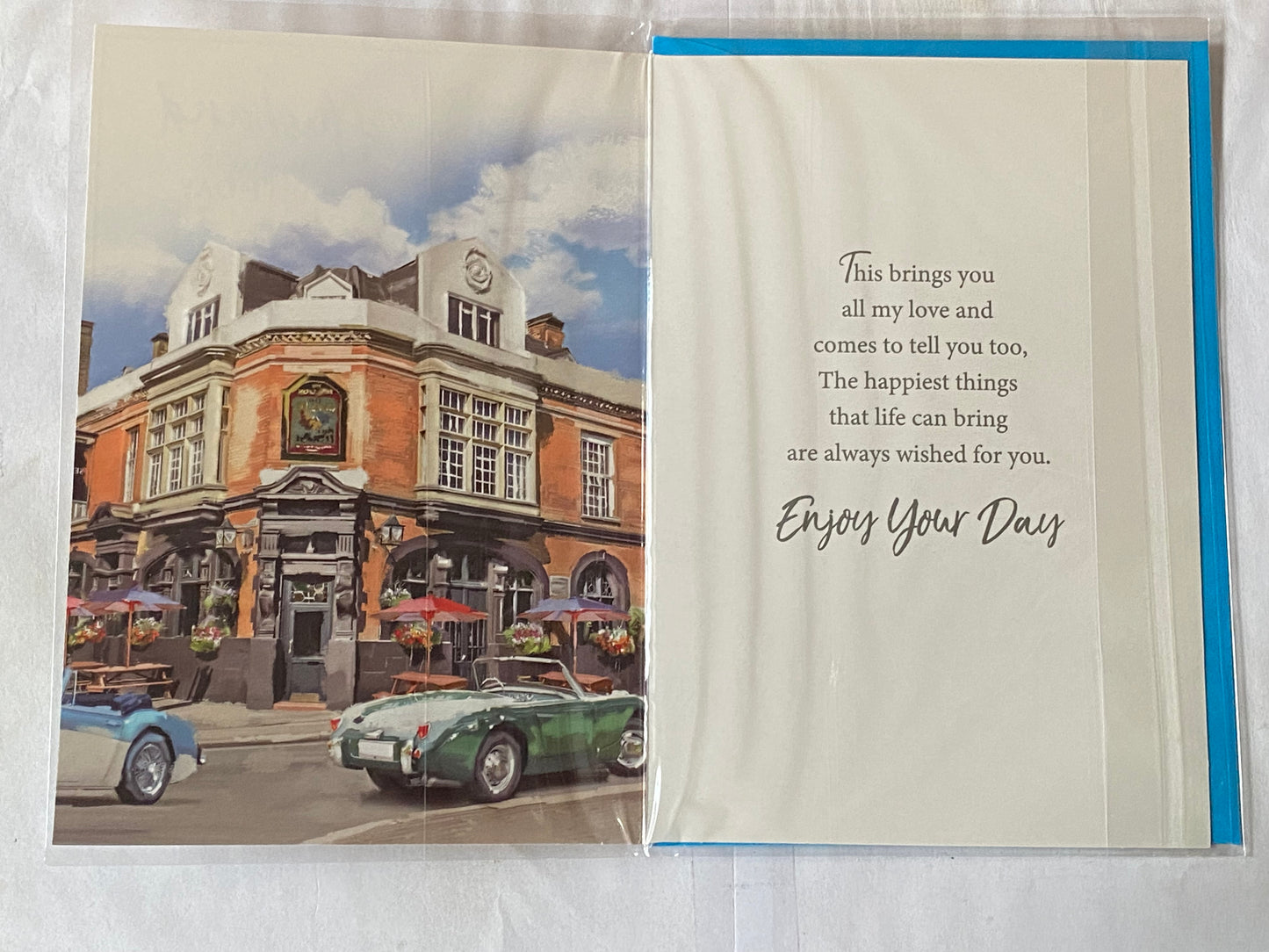 To My Wonderful Husband On Your Birthday Card Green Card/White+Blue Car Outside Pub Foil Detail(NC-VA131E)