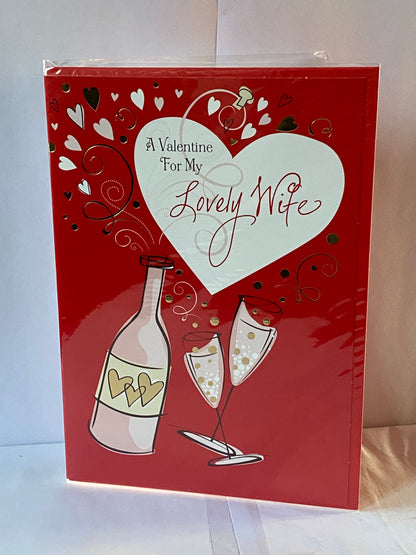 A Valentine For My Lovely Wife Valentine's Day On Valentines Day Card Red-Bottle/Flutes Foil Detail(HVD300B)