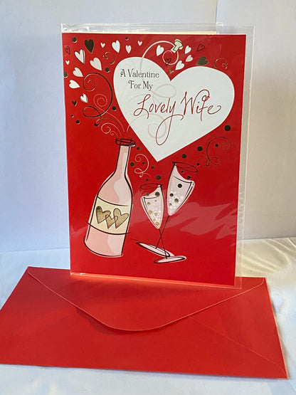 A Valentine For My Lovely Wife Valentine's Day On Valentines Day Card Red-Bottle/Flutes Foil Detail(HVD300B)