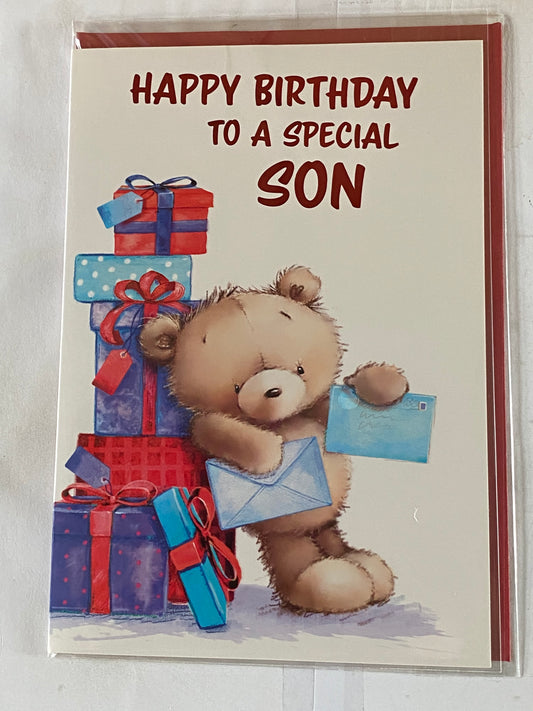 Happy Birthday To A Special Son Birthday Card Teddy/Presents/Blue Envelopes Foil Detail(NC-VA137E)