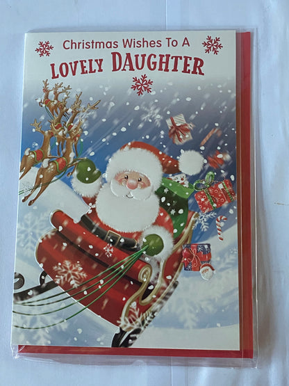 Christmas Wishes To A Lovely Daughter Christmas Card Cute Santa In Red Sleigh(VX183B)