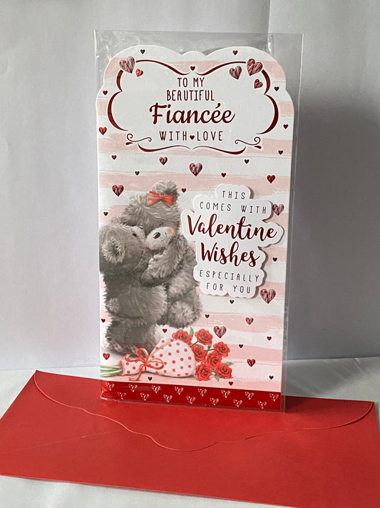 To My Beautiful Fiancee With Love This Come With Valentine Wishes Especially For You Valentine's Valentines Day Card Teddies Hugging/Pink+White Stripes 3D/Foil Detail(PRELUDE43037)