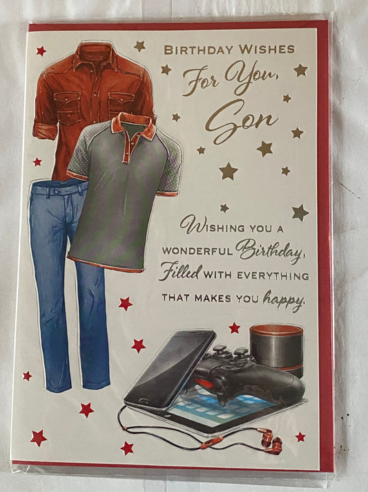 Birthday Wishes For You Son Birthday Card Red Shirt/Clothes/Techno/Silver Words Foil Detail(PH44831E)