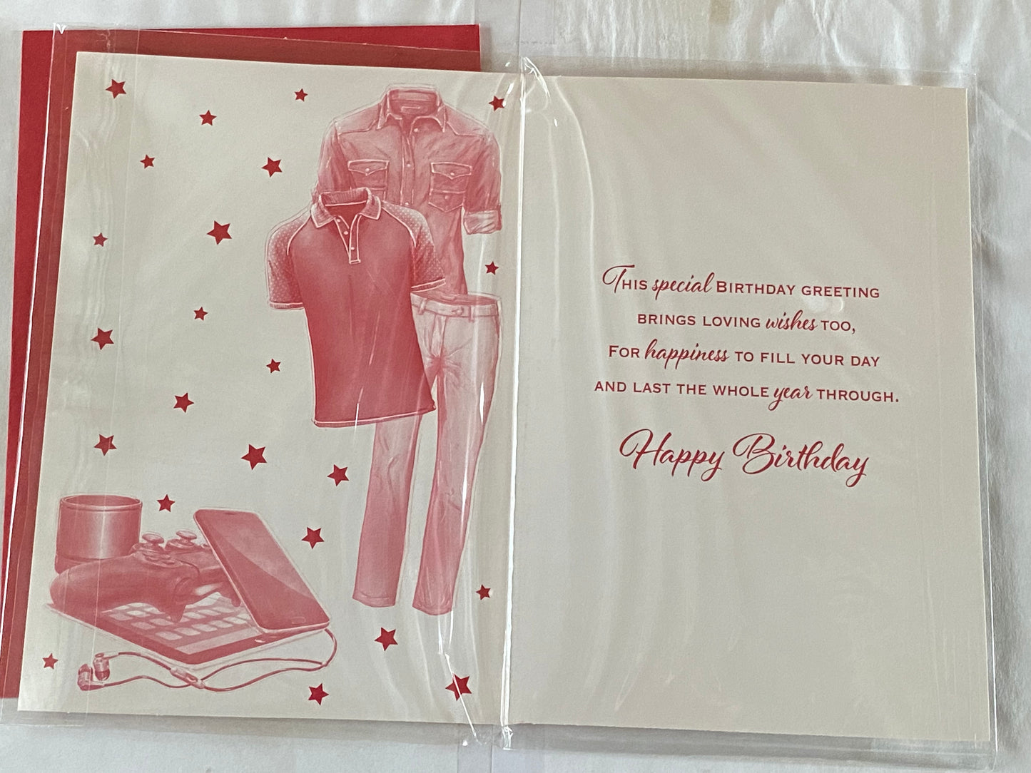 Birthday Wishes For You Son Birthday Card Red Shirt/Clothes/Techno/Silver Words Foil Detail(PH44831E)