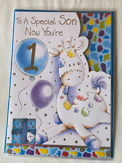 To A Special Son Now You're 1 Age 1 One First 1st Birthday Card Giraffe/Balloons Foil Detail(KI33554)