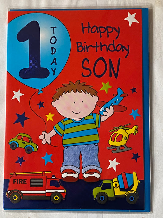 Happy Birthday Son 1 Today Age 1 One First 1st Birthday Card Red-Cute Boy/Toy Aeroplane/Big Blue Balloon Foil Detail(PH35629E)