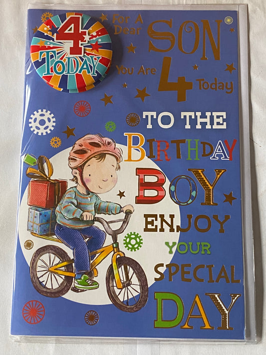 For A Dear Son You Are 4 Today Birthday Card With Badge Age 4 4th Fourth Four Cute Boy/Bike Foil Detail(CC7520A)