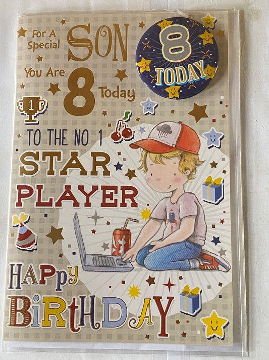 For A Special Son You Are 8 Today Birthday Card With Badge Age 8 8th Eighth Eight Cute Boy/Laptop Foil Detail(CC7525A/01)