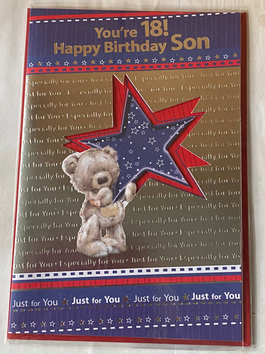 You're 18! Happy Birthday Son Birthday Card Age 18 18th Eighteen Eighteenth Blue/Red/Silver Teddy/Star Foil Detail(PRELUDE33195)