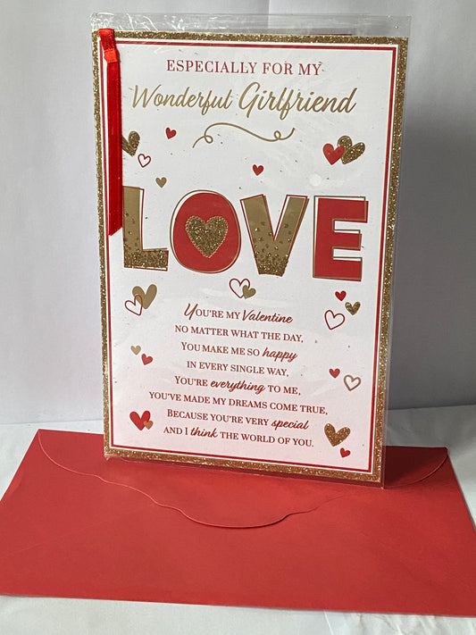 Especially For My Wonderful Girlfriend Love Valentine's Day Valentines Day Card Red/Gold Words/Hearts Ribbon/Glitter/Foil Detail(PRELUDE47560)