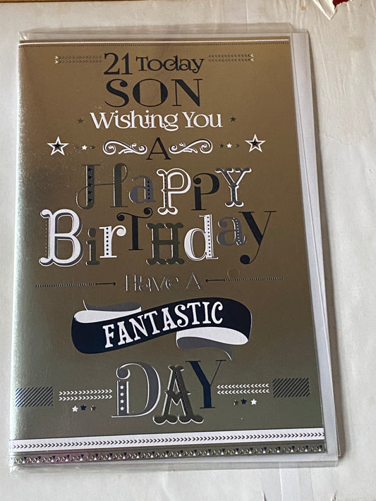 21 Today Son Wishing You A Happy Birthday Card Age 21 21st Twenty-One Silver-Blue/White Words Foil Detail(PRESTIGE40952)