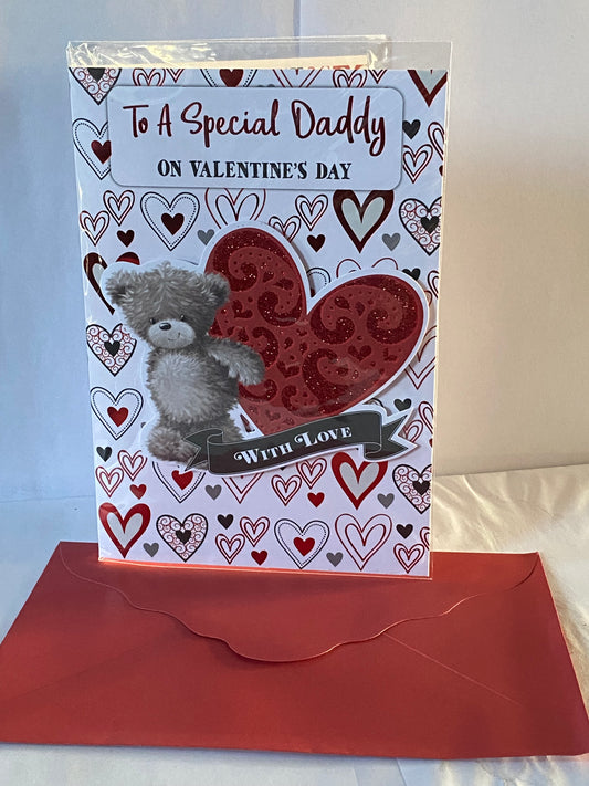 To A Special Daddy On Valentine's Day With Love Valentines Day Card White/Red/Black Teddy/Large Red Heart 3D/Glitter/Foil Detail(PRELUDE45310)