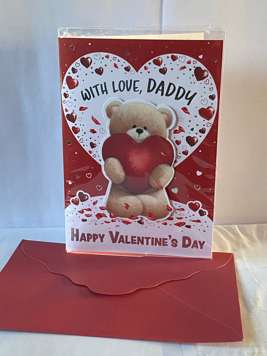 With Love Daddy Happy Valentine's Day Valentines Day Card White/Red-Teddy Holding Large Red Heart 3D/Foil Detail(PRELUDE49596)