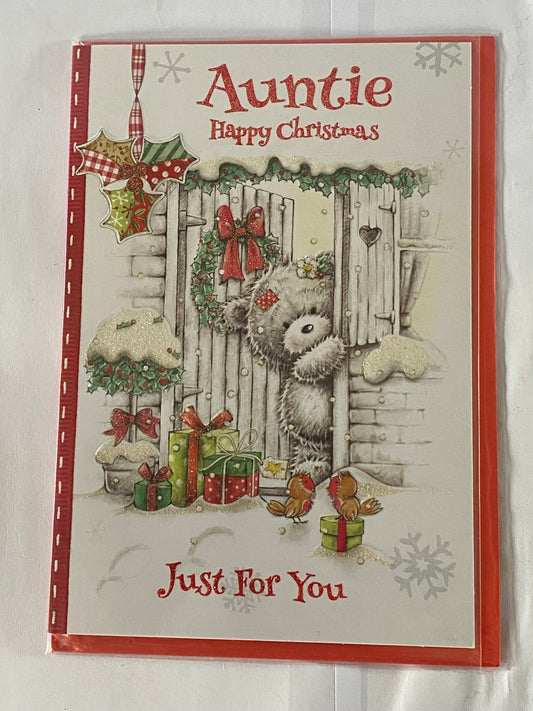 Auntie Happy Christmas Just For You Christmas Card Teddy/Door/Robins(SXC50-731B)