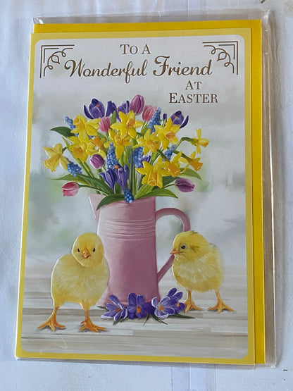 To A Wonderful Friend At Easter Card Multi Flowers/Pink Jug/Chicks Foil Detail(PH48823E)