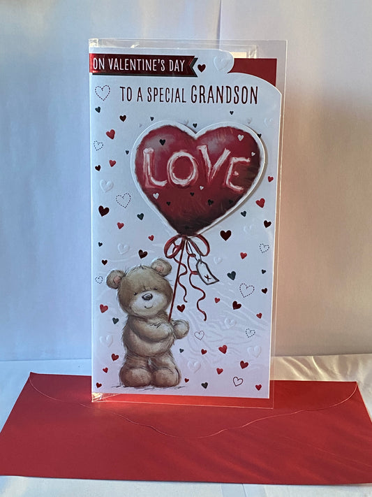 On Valentine's Day To A Special Grandson Valentines Day Card Teddy Holding Red Love Heart Balloon 3D/Foil Detail(PRELUDE49598)