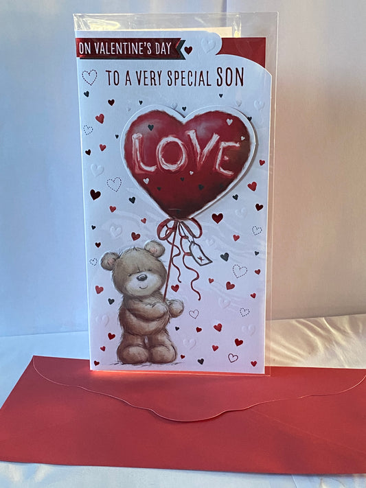 On Valentine's Day To A Special Son Valentines Day Card Teddy Holding Red Love Heart Balloon 3D/Foil Detail(PRELUDE49598)