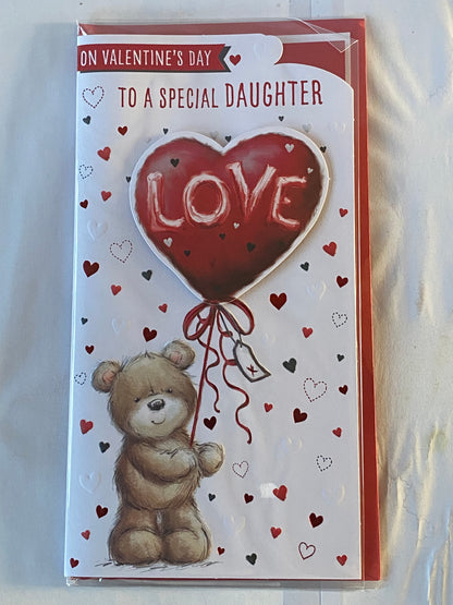 On Valentine's Day To A Special Daughter Valentines Day Card Teddy Holding Red Love Heart Balloon(PRELUDE49598)