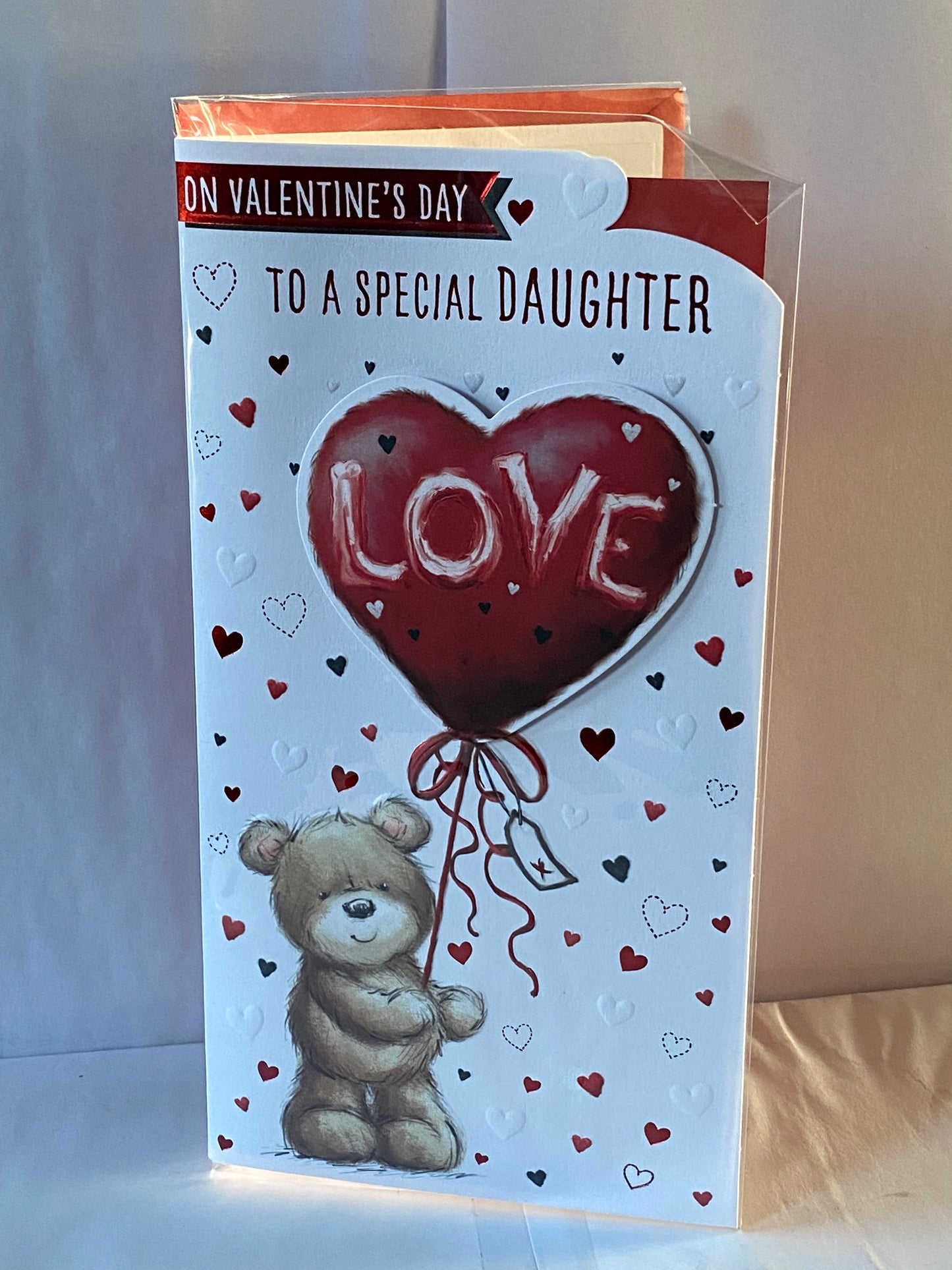 On Valentine's Day To A Special Daughter Valentines Day Card Teddy Holding Red Love Heart Balloon(PRELUDE49598)