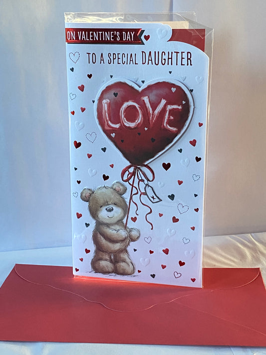 On Valentine's Day To A Special Daughter Valentines Day Card Teddy Holding Red Love Heart Balloon(PRELUDE49598)