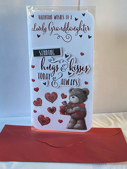 Valentine Wishes To A Lovely Granddaughter Sending Hugs & Kisses Today & Always Valentine's Day Valentines Day Card Teddy Holding Red Present/Hearts/Words 3D/Foil Detail(PRELUDE45313)