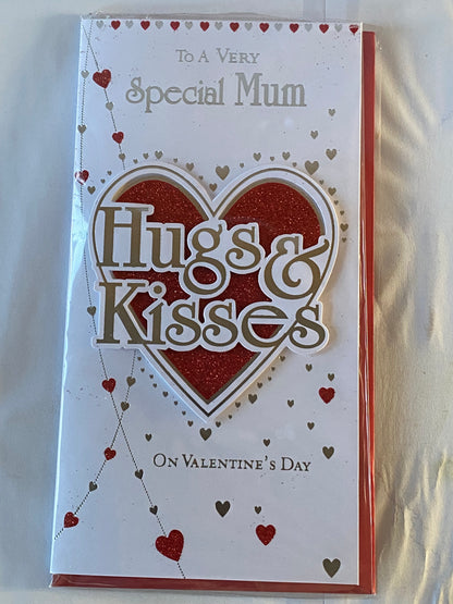 To A Very Special Mum Hugs & Kisses Valentine's Day Valentines Day Card Red+Silver Hearts/Words(PRELUDE38570)