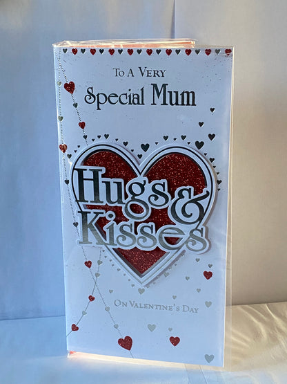 To A Very Special Mum Hugs & Kisses Valentine's Day Valentines Day Card Red+Silver Hearts/Words(PRELUDE38570)