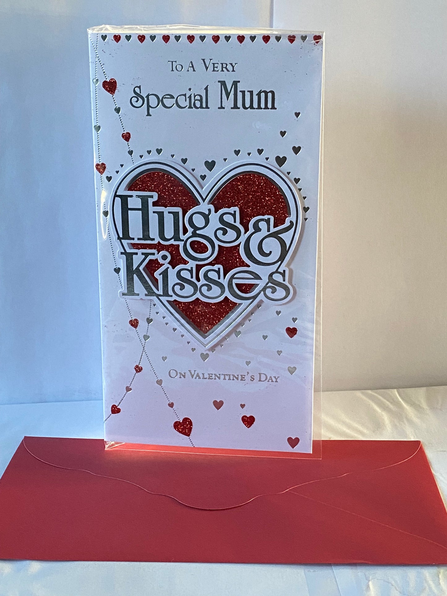 To A Very Special Mum Hugs & Kisses Valentine's Day Valentines Day Card Red+Silver Hearts/Words(PRELUDE38570)