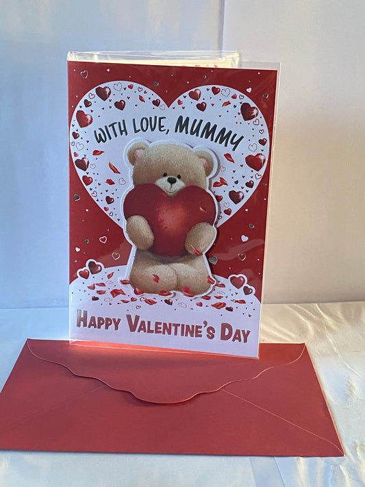 With Love Mummy Happy Valentine's Day Valentines Day Card White/Red-Teddy Holding Large Red Heart 3D/Foil Detail(PRELUDE49596)