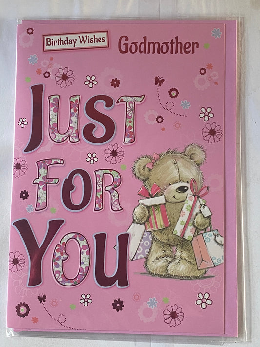 Birthday Wishes Godmother Just For You Birthday Card Pink Teddy/Bags/Presents/Words Foil Detail(PH42320E)