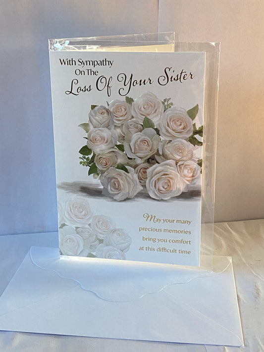 With Sympathy On The Loss of Your Sister Sympathy Card Condolence Bunch White Roses/Gold Words Foil Detail(PH48415E)