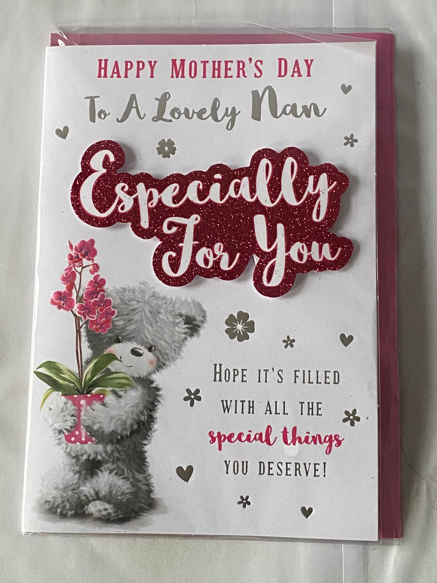 Happy Mother's Day To A Lovely Nan Especially For You Mother's Day Mothers Day Card Grey Teddy/Pink Flower/Words 3D/Glitter/Foil Detail(PRELUDE47670)