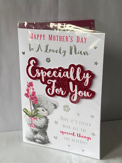 Happy Mother's Day To A Lovely Nan Especially For You Mother's Day Mothers Day Card Grey Teddy/Pink Flower/Words 3D/Glitter/Foil Detail(PRELUDE47670)