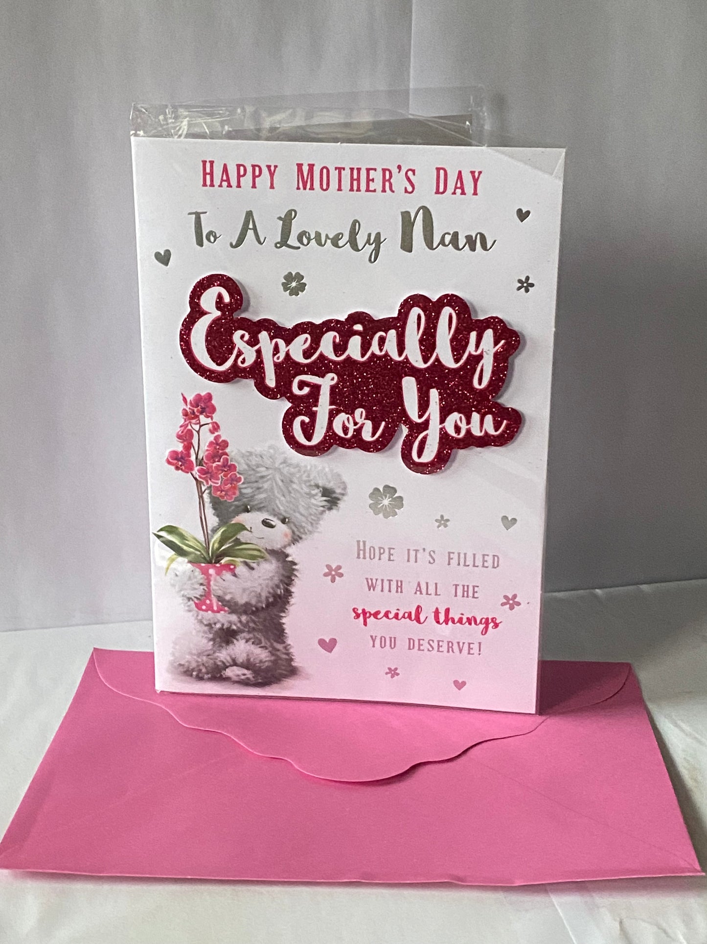 Happy Mother's Day To A Lovely Nan Especially For You Mother's Day Mothers Day Card Grey Teddy/Pink Flower/Words 3D/Glitter/Foil Detail(PRELUDE47670)