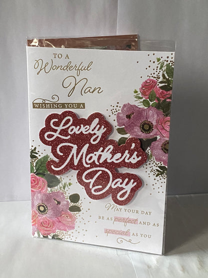 To A Wonderful Nan Wishing You A Lovely Mother's Day Mothers Day Card Flowers/Words 3D/Glitter/Foil Detail(PRELUDE47139)